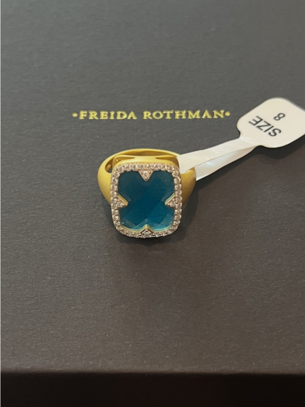 Freida Rothman Blue Faceted Stone with CZ Halo Ring NWT Size 8